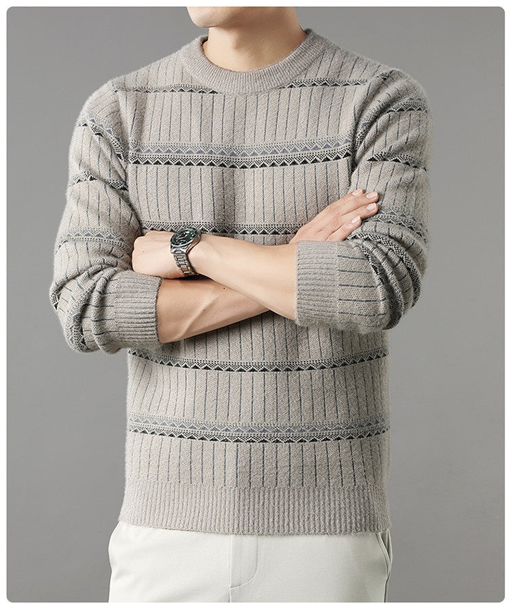 Mens Knitted Fleece-lined Thick Crew-neck Faux Mink Sweater