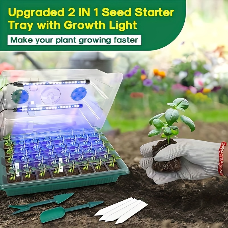 Seed Starting Tray Kit 4-Set 160 Cells High Dome | 8 LED Grow Lights Smart Timer 3 Modes 5 Brightness | Indoor Greenhouse Ger