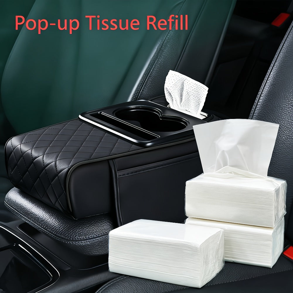Car Center Console Cover PU Leather – Universal Armrest Box Mat with 2 Cup Holders & 2 Side Pockets, Phone & Card Storage — i