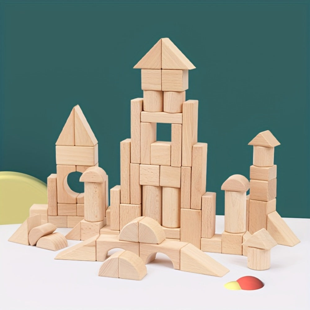 Natural Beech Wood Blocks 100 Piece Unpainted Solid Wooden Building Set, STEM Logical Thinking Toy for Kids Ages 3-12 — image