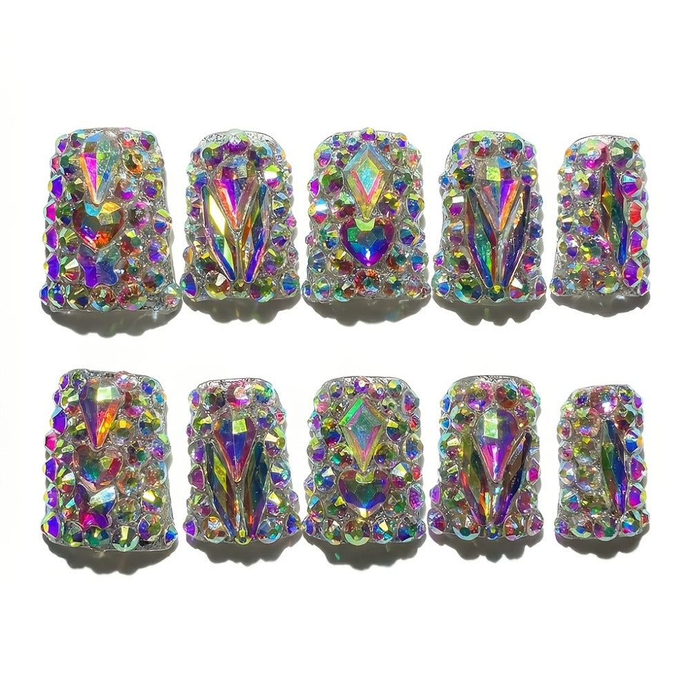 Press On Nails 10-Piece Short Duckbill Set with Glossy Mixed Colors, AB Crystals and Gel Adhesive Tabs — image 1