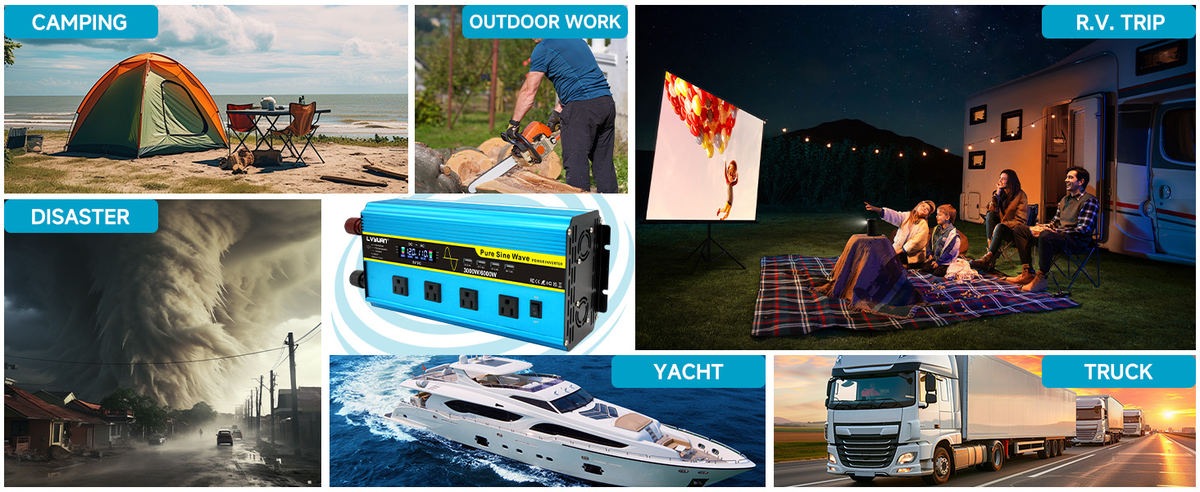 Blue 12V or 24V DC to 110V AC Power Inverter with LCD, Four AC Receptacles and Remote Presentation — image 14