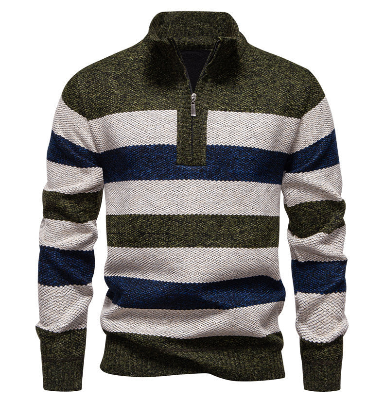 Mens Color-Block Stand-Up Collar Half-Zip Fleece-Lined Thermal Sweater