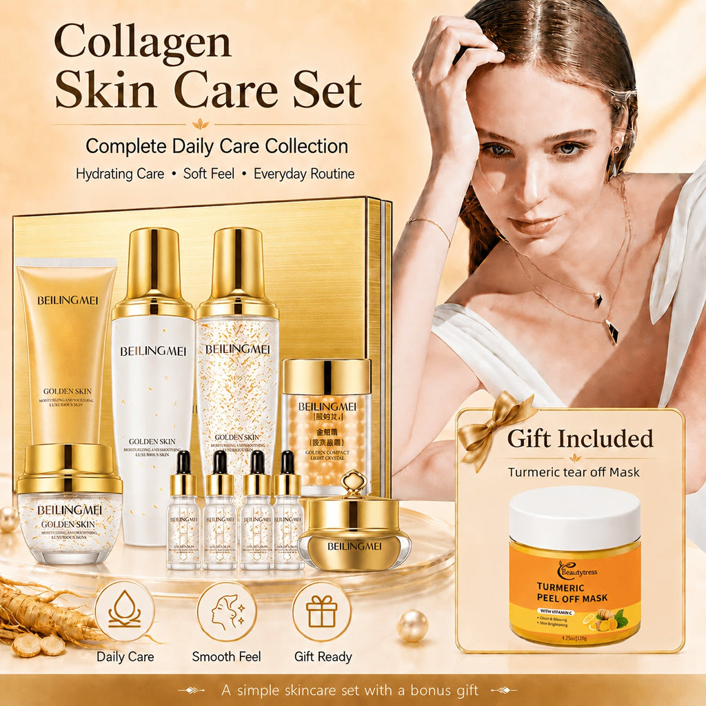 Skincare Gift Set for Women 9pcs Golden Luxury Kit, Niacinamide Collagen Hyaluronic Acid Daily Facial Care Premium Birthday H
