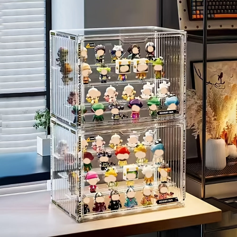 Acrylic Display Case for Figures 3 & 4 Tiers with Adjustable Dividers – Clear Dust-Proof Showcase Box with Magnetic Door for 