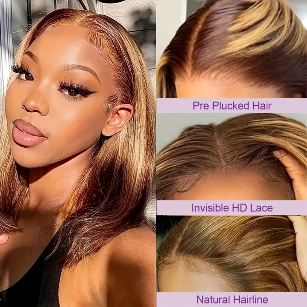 Lace Front Wig P4/27 Honey-Highlight Straight Bob, 8-14 Inch Human Hair with 5x1 Front and 180% Density — image 2
