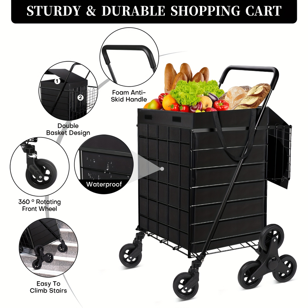 Stair Climbing Cart 8 Wheels 100 LBS Capacity Collapsible Utility Cart Foldable Grocery Dolly with Dual Basket Stainless Stee