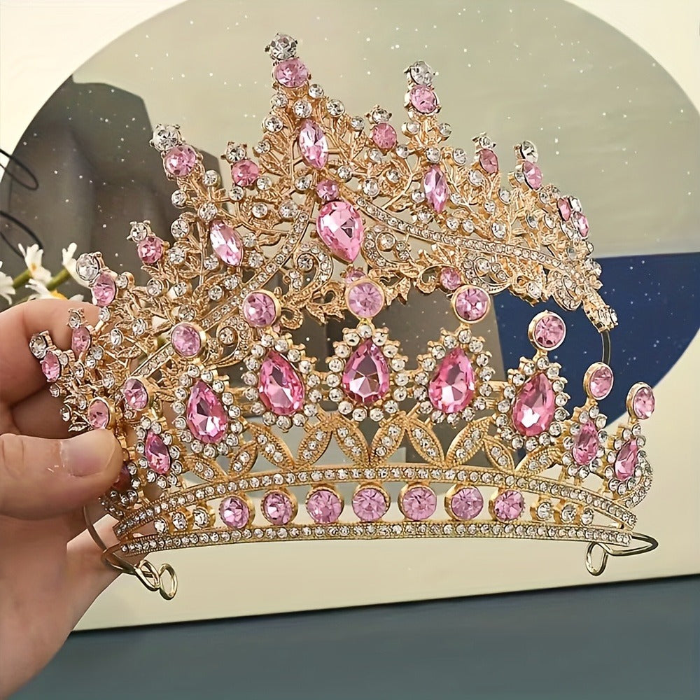 Pink Crystal-Look Crown and Tiara Two-Piece Costume Headwear Set with Hair Combs for Dress-Up — image 4