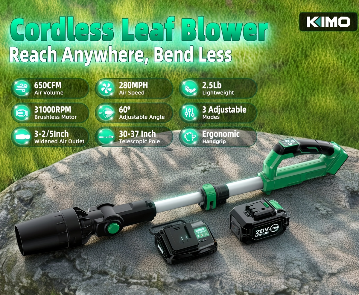 KIMO 20V Cordless Leaf Blower with Telescoping Tube, Three-Speed Label, Charger and One- or Two-Battery 4000mAh Sets — image 