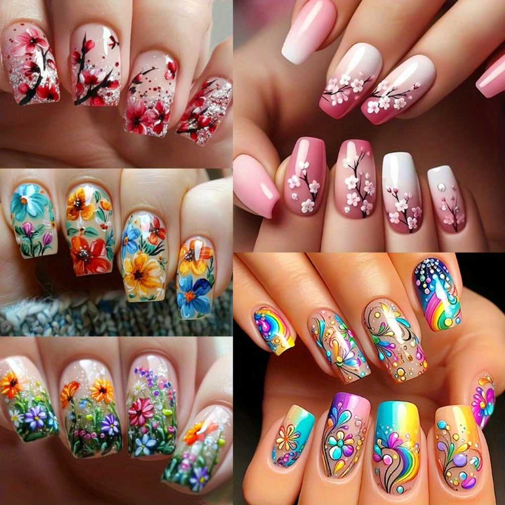Press On Nails 120-Piece Medium Square Set with Glossy Floral and Striped Designs in Five Packs — image 10