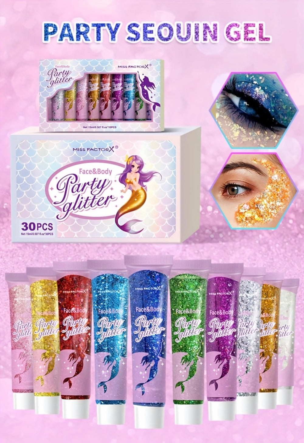 Face Body Glitter Gel Set 30 Pieces – Colorful Shapes Mermaid Sequin Stars Hearts, Transparent Gel Base, Skin-Safe Shimmer Ma