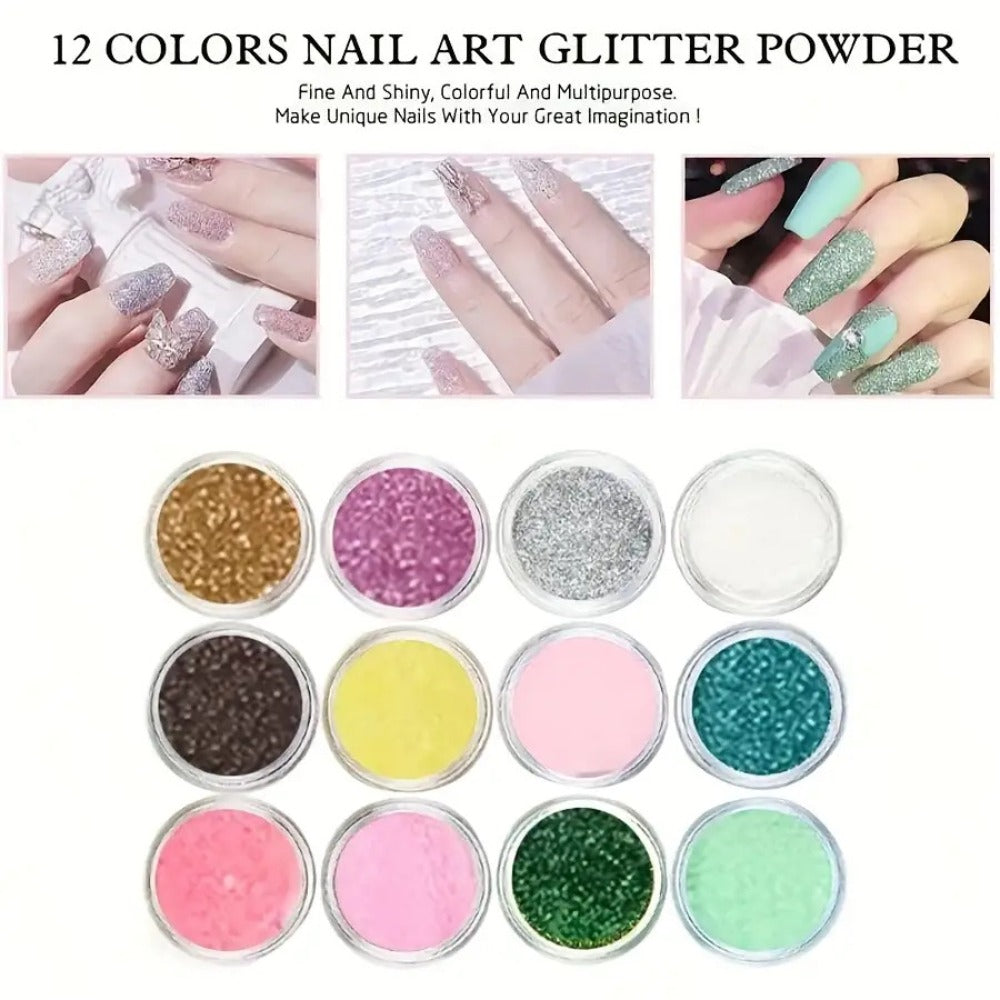 Acrylic Nail Kit 23-in-1 Complete Set with 12 Glitter Colors White & Pink Powder – DIY Nail Extension System No Glue No Liqui