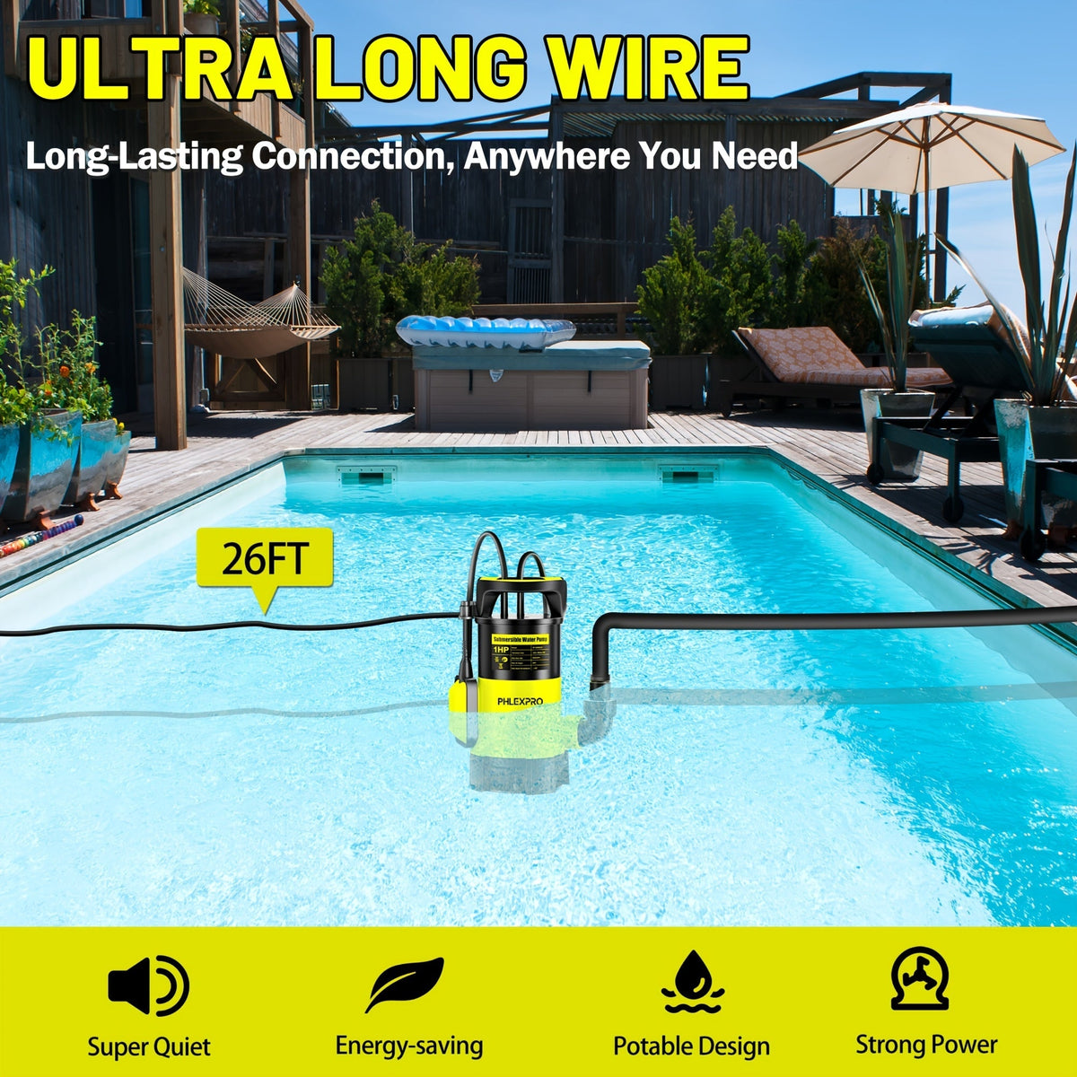 Submersible Sump Pump 1HP 5300GPH 750W with Float Switch 26ft Cord for Pool Pond Basement Garden — image 2