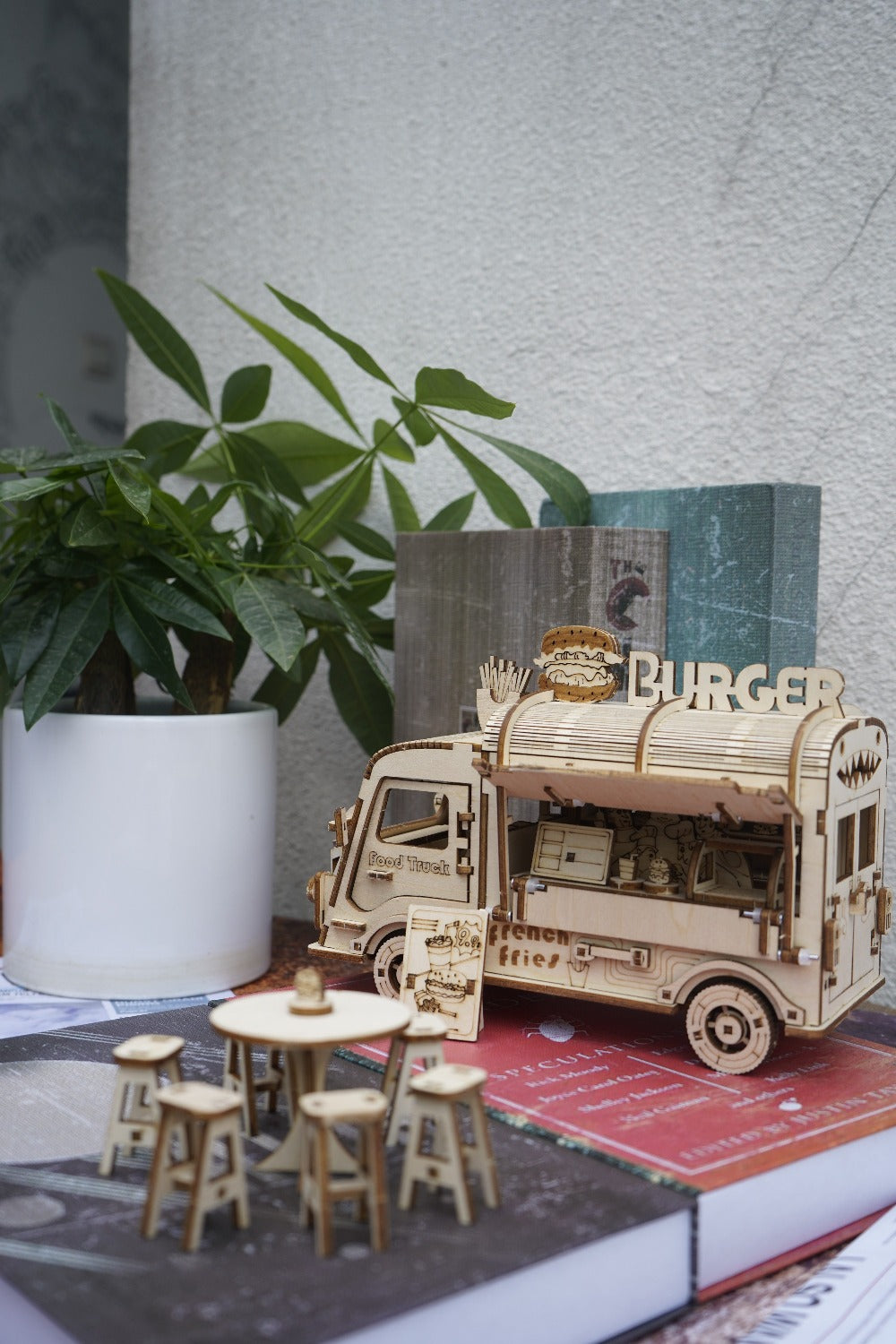Wooden Food Truck 3D Puzzle Model Kit with Burger Stand Body, Miniature Tables and Pictured 21.5 cm Length — image 9