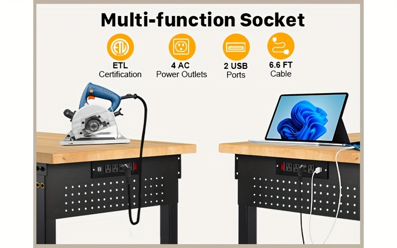 Adjustable 28–40-Inch Wood-Top Workbench in 60- or 96-Inch Widths with Pegboard, Wheels and Power Strip — image 13