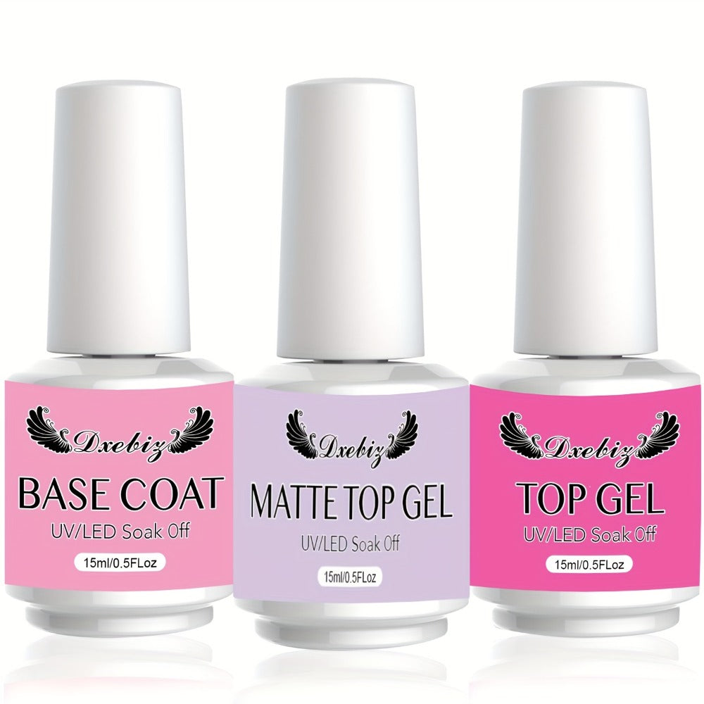 Gel Nail Polish 3-Piece Base and Top Coat Kit with No-Wipe Glossy, Matte and Base Gel for UV/LED Soak-Off Manicures — image 1