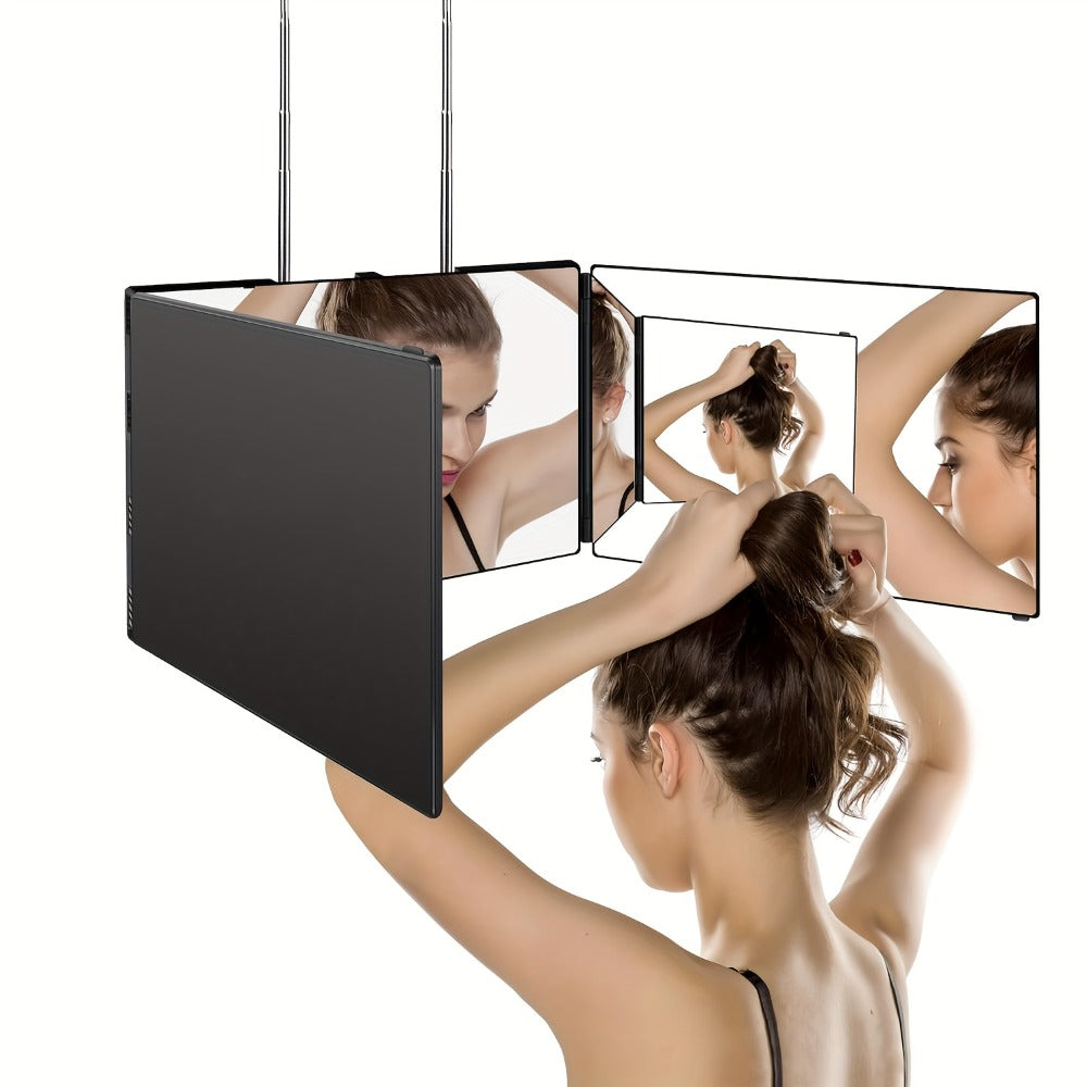 3 Way Mirror for Self Hair Cutting, 360° View Hair Cut Mirror to See Back of Head Height-Adjustable Hook Door Wall Table Moun