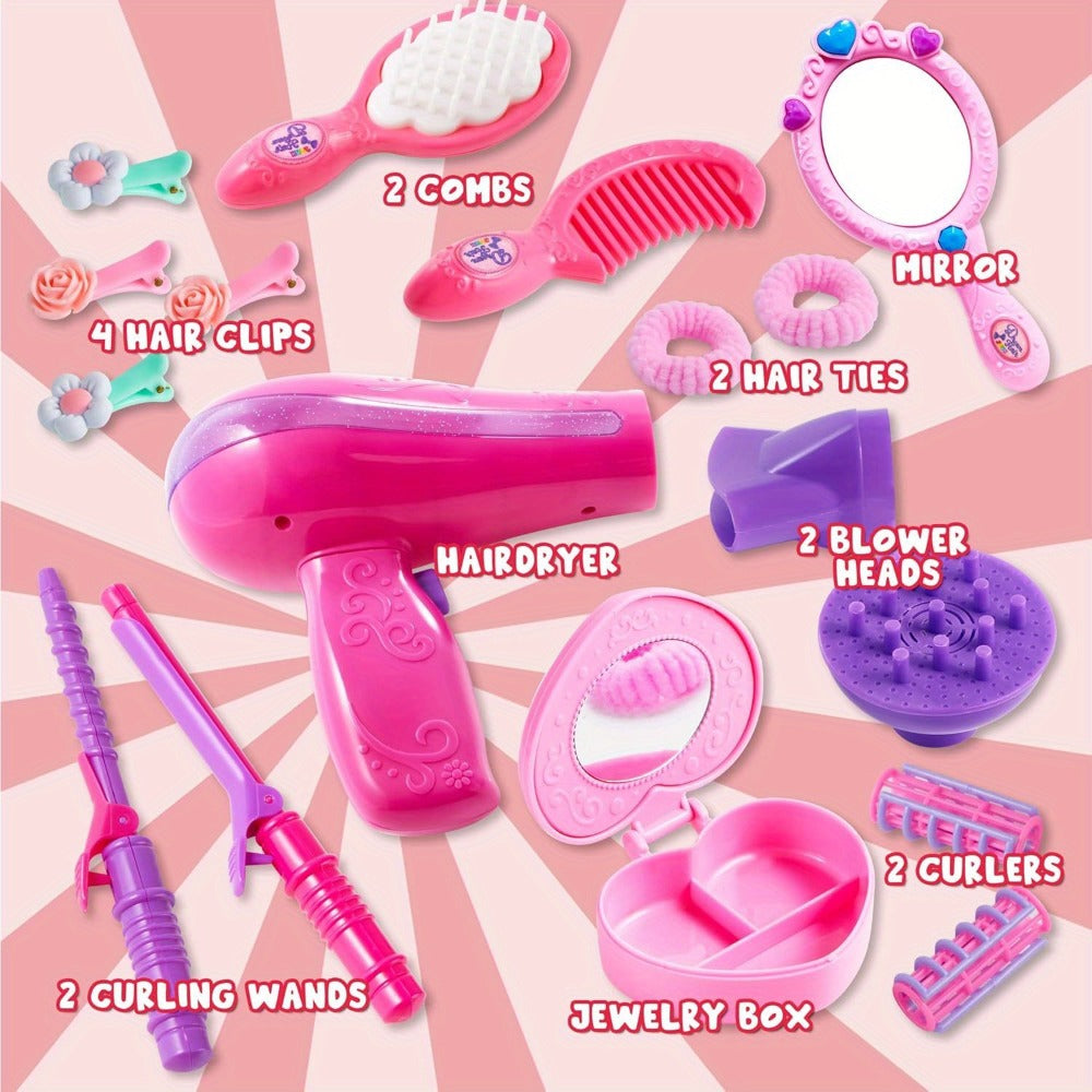 Girls Beauty Salon Toy Set 17 PCS, Pretend Play Hair Stylist Kit with Working Hairdryer Mirror Curling Wands Combs Clips & Je