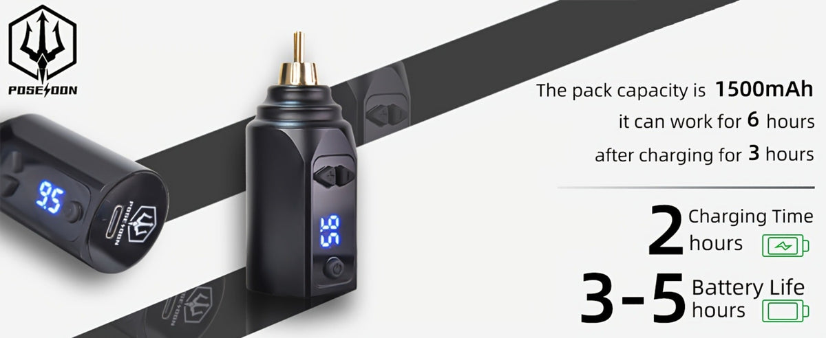 Tattoo Machine Kit POSEIDON TK035 Wireless Rotary Pen with LCD, 1500mAh Battery, 20 Cartridges and Practice Supplies — image 