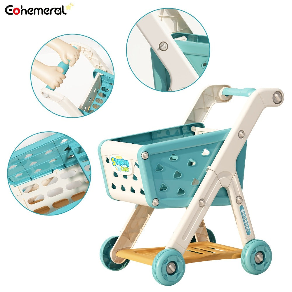 Kids Pretend Play Shopping Cart Toy Set with Realistic Food & Grocery Accessories, Supermarket Role Play for Toddlers Girls B