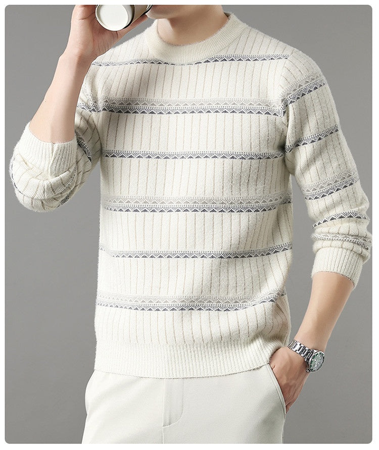 Mens Knitted Fleece-lined Thick Crew-neck Faux Mink Sweater