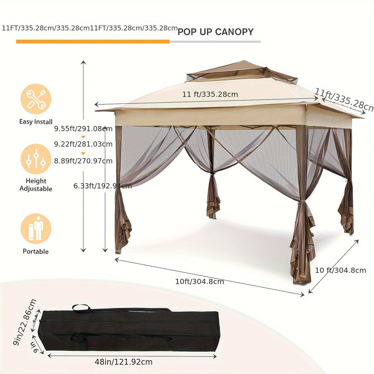 Instant Gazebo Tent 11x11 FT Mosquito Netting No Assembly Required for Garden, Yard and Pest Management — image 3