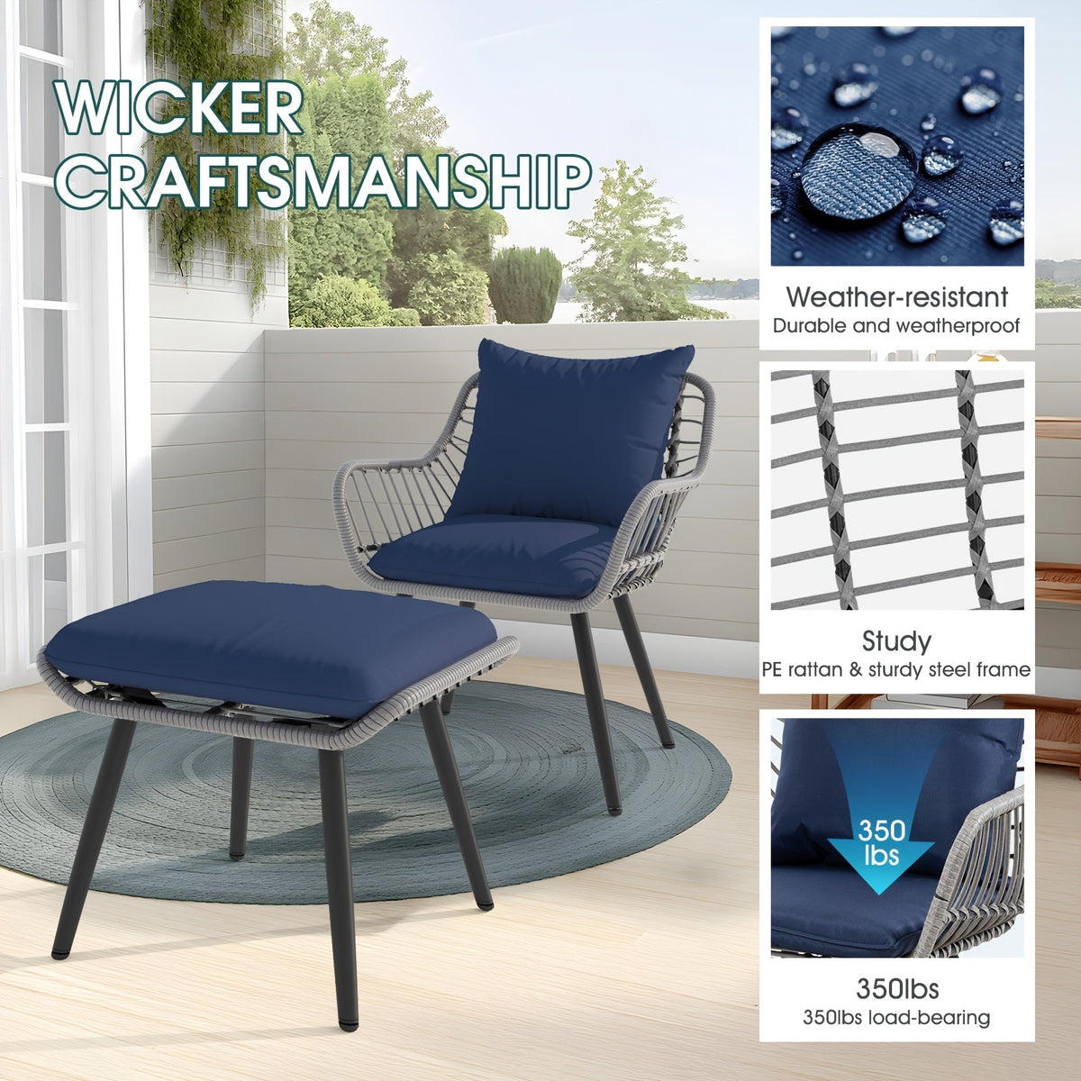 Five-Piece PE Rattan Patio Set with Two Chairs, Two Footstools, Round Glass Table and Gray-Blue Cushions — image 3