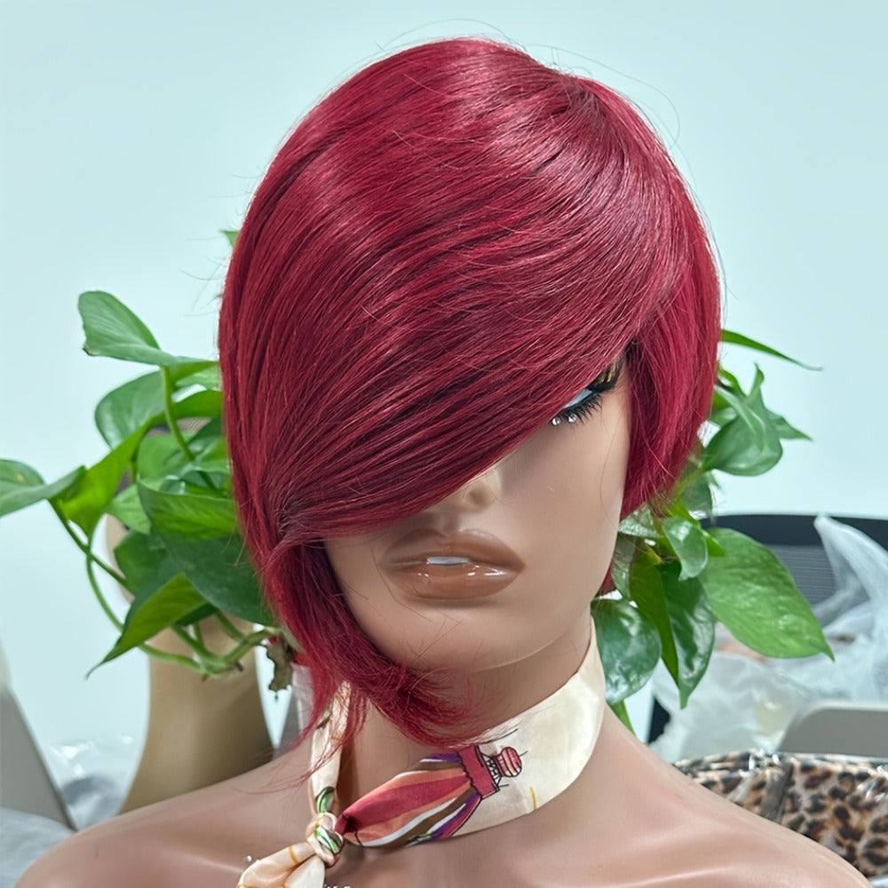 Layered Pixie Human Hair Wig with Side Bangs in #4 Brown, #99J Burgundy or #1 Black Color Options — image 5