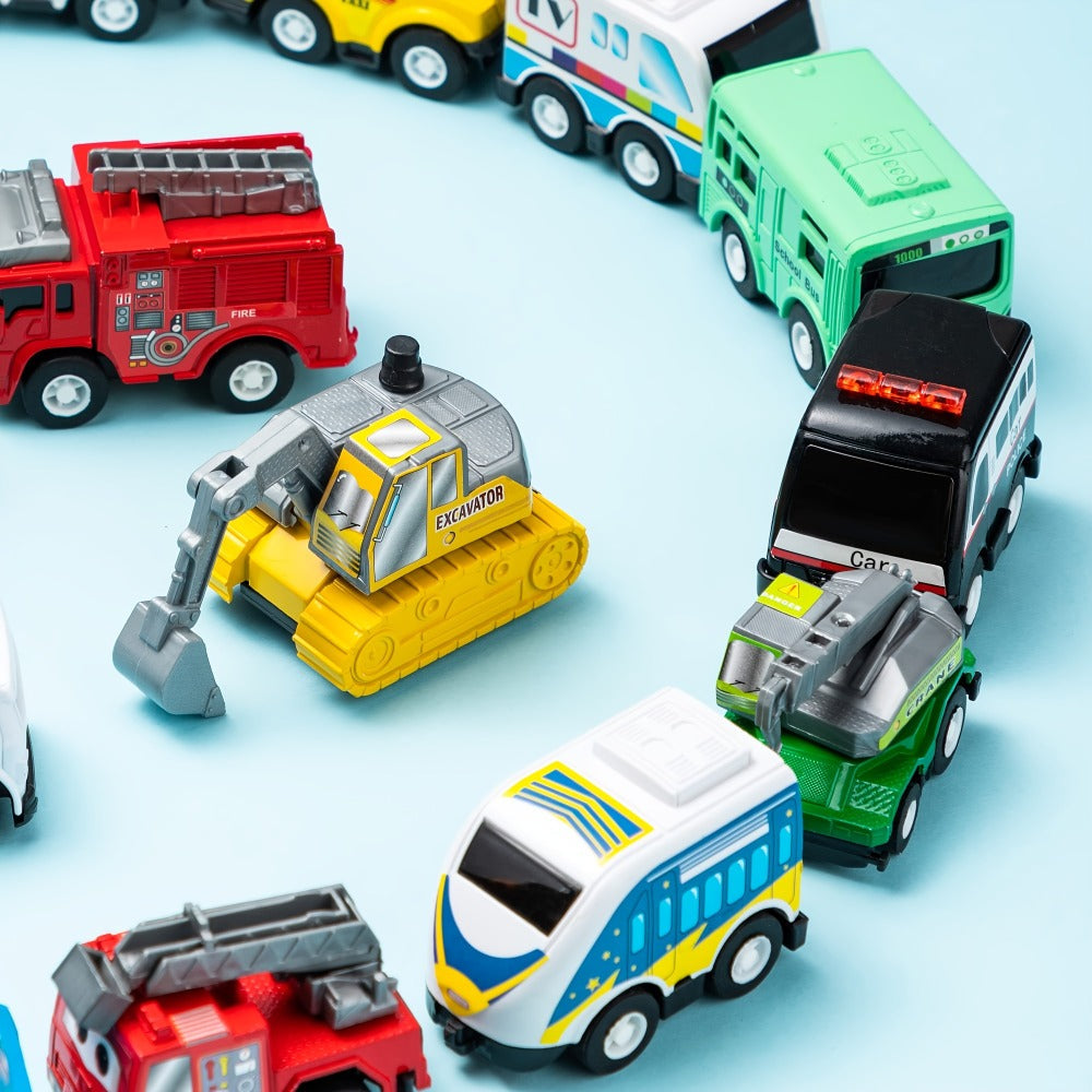 18-Piece Pull Back Mini Cars Set for Kids, City Vehicles Fire Truck Police Car School Bus Freight Train — image 10