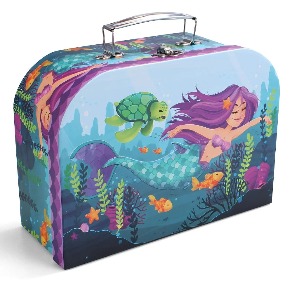 Mermaid Tea Party Set for Girls 21pcs, Tin Teapot, 4 Cups, Saucers, Plates & Carrying Case, Pretend Play Kitchen Toy for Todd
