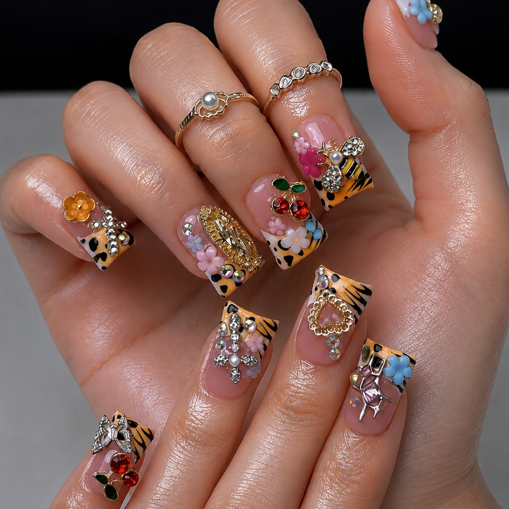 Press On Nails 10-Piece Short Duck-Tip Acrylic Set with Cherry, Bee, Flower, Cross and Star Designs — image 8