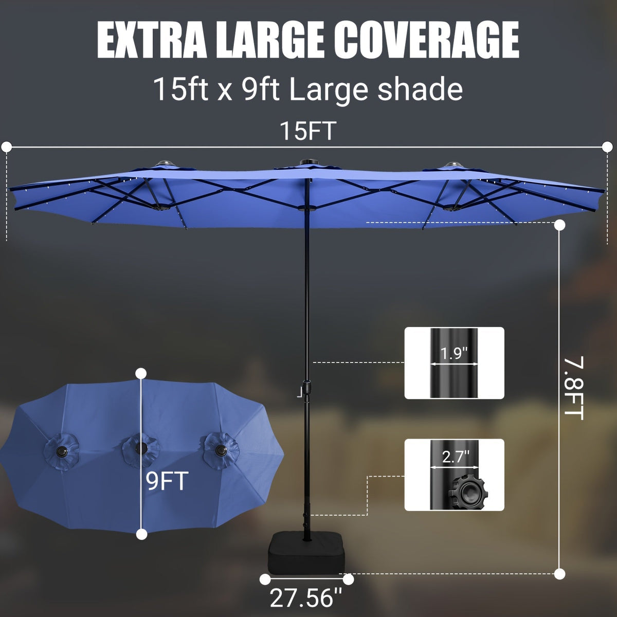 Patio Umbrella 15x7.5FT Double-Sided Style with Crank and Four Blue, Red, Khaki or Lake-Blue Options — image 3