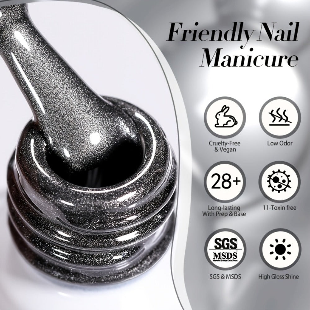 Gel Nail Polish in 10ml Black Magnetic Cat-Eye with Glass-Bead Shimmer, BGC01 or MY49 for Shimmer Art — image 16