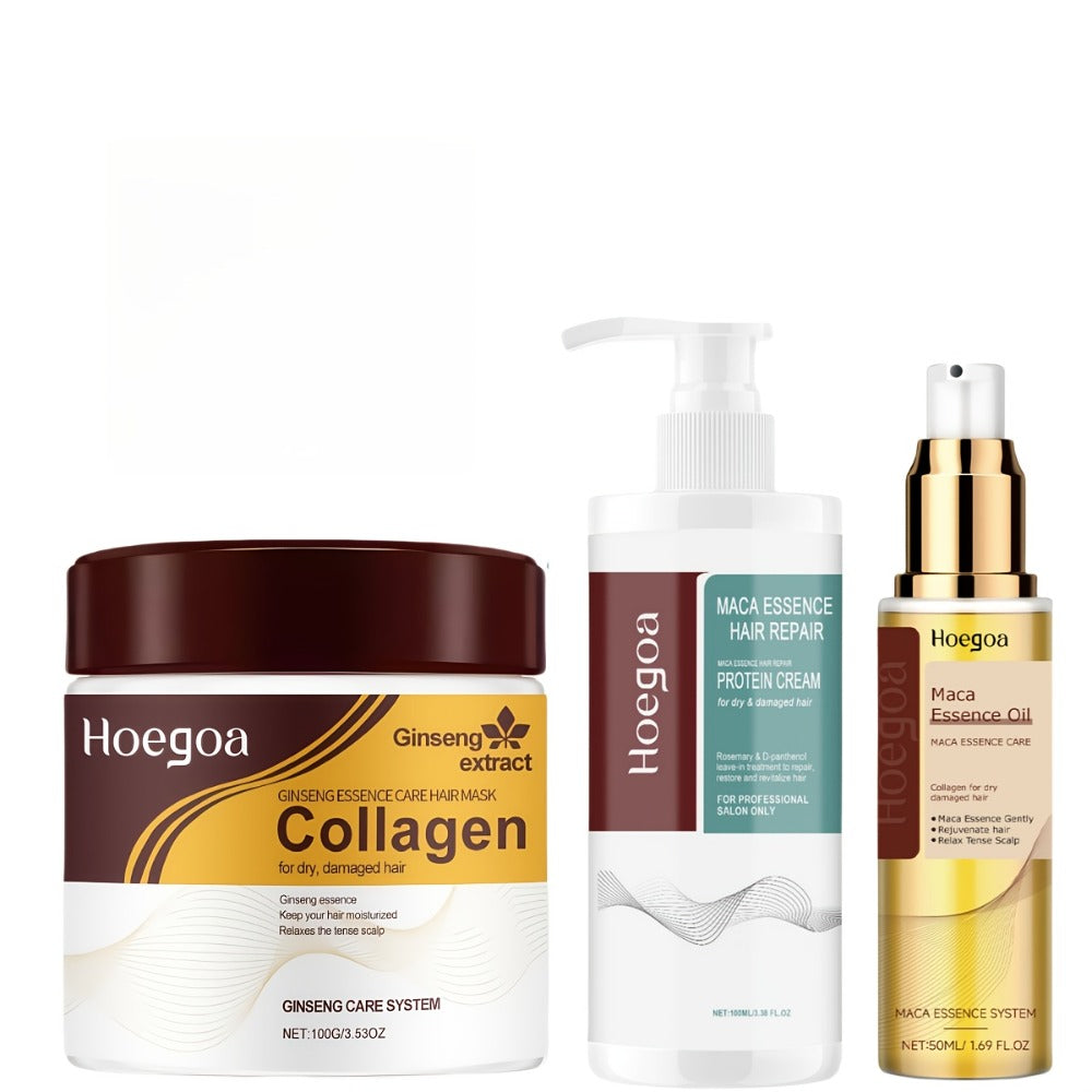 Three-Piece HOGOGO Collagen Hair Care Set with Jar and Pump Containers in a Gold Gift Box Presentation — image 3