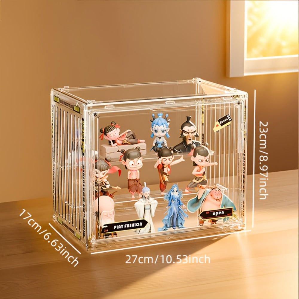 Acrylic Display Case for Figures 3 & 4 Tiers with Adjustable Dividers – Clear Dust-Proof Showcase Box with Magnetic Door for 