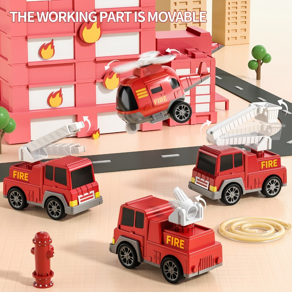 5-in-1 Fire Truck Playset for Kids 3-9, Friction Powered Interchangeable Rescue Vehicles Set with Carrier Truck — image 6