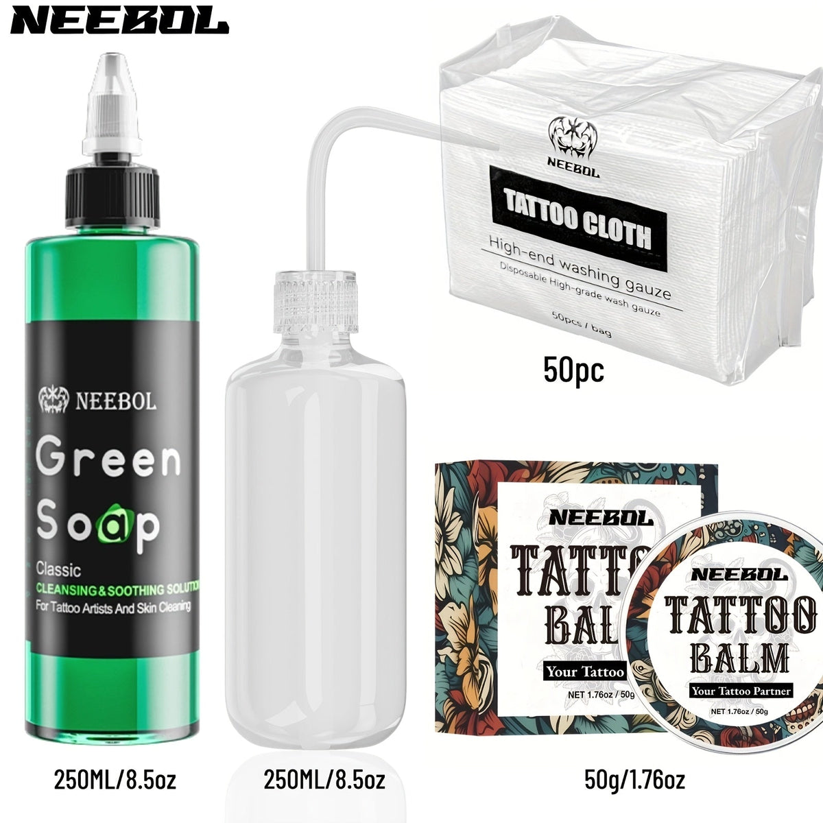 Tattoo Green Soap Cleaning Kit Neebol 8.5oz Concentrated Soap Squeeze Bottle Moisturizing Balm Cream Lint-Free Wipes Complete