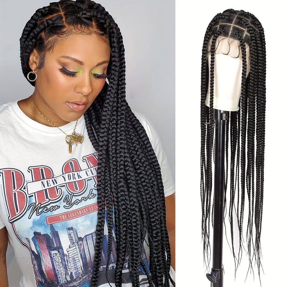Extra-Long Natural Black Braided Wig with Full Lace Cap and 40-Inch Straight Box Braids for Styling — image 2