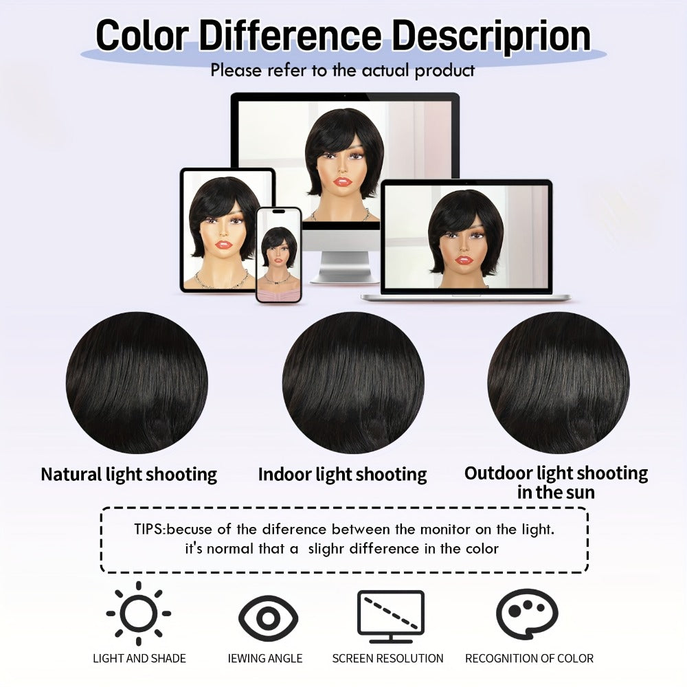 8-Inch Curly Pixie Bob Human Hair Wig in Black with Bangs, 150% Density and Machine-Made Cap — image 9
