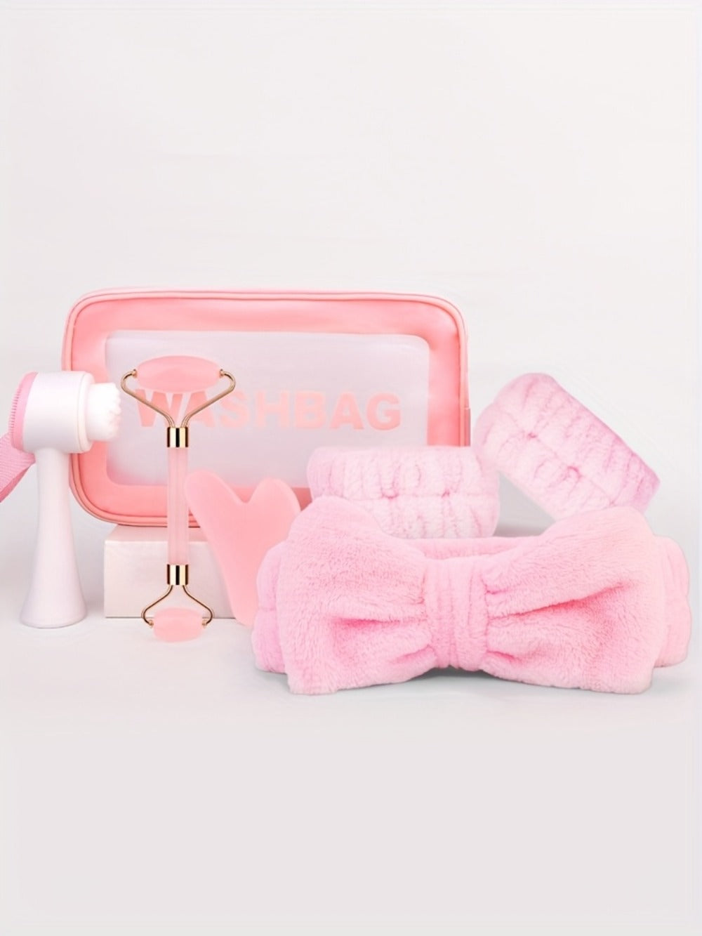 Facial Cleansing Massage Set 7Pcs Silicone Face Brush Double-Headed Roller Massager Heart Scraping Board Wristbands Hair Band
