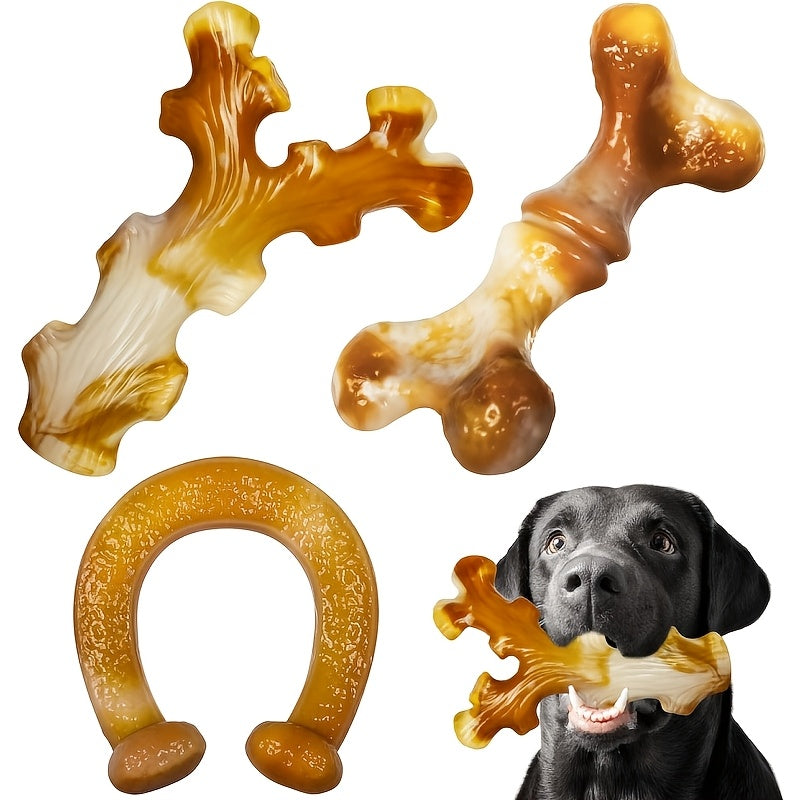 Three-Piece Dog Chew Toy Set with Branch, Bone and Ring Shapes in Milk Tea Brown for Supervised Play — image 1