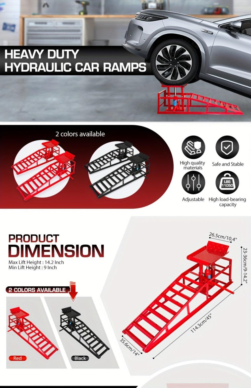 Hydraulic Car Ramps 2-Pack 11050 LBS 5T – Heavy Duty Iron Vehicle Lift Ramp 9"-14.2" for Oil Changes, Jack Support & Auto Mai