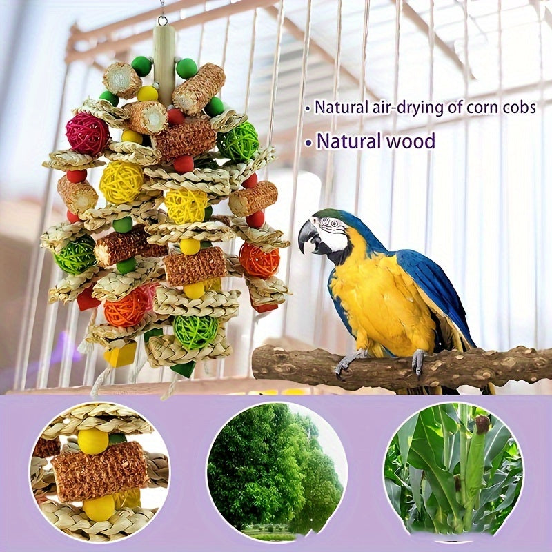 Colorful 16-Inch Corn Cob and Woven Rattan Hanging Bird Toy with Metal Hook for Medium and Large Parrots — image 2