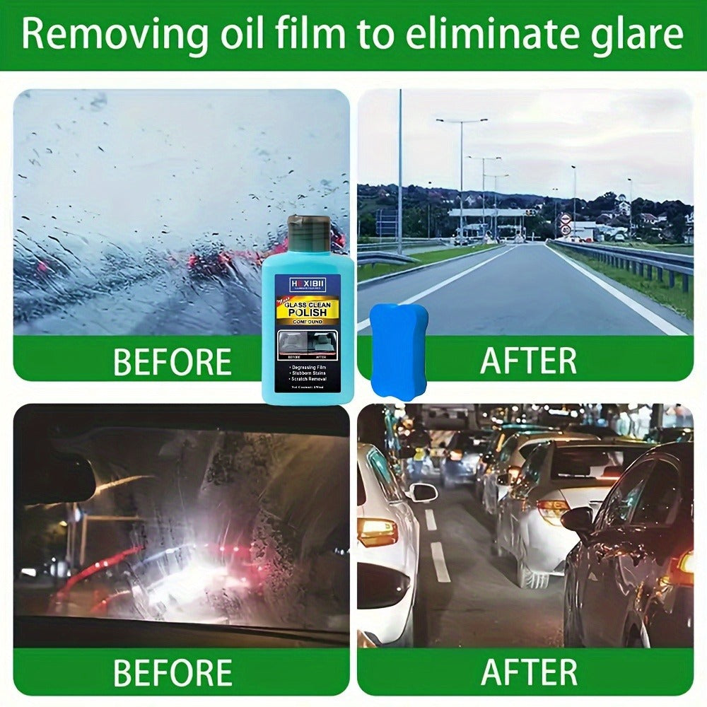 Car Glass Polish by HEXIBII, 150ml Oil-Film Cleaner Compound with Two Sponge Applicators for Windshields — image 3