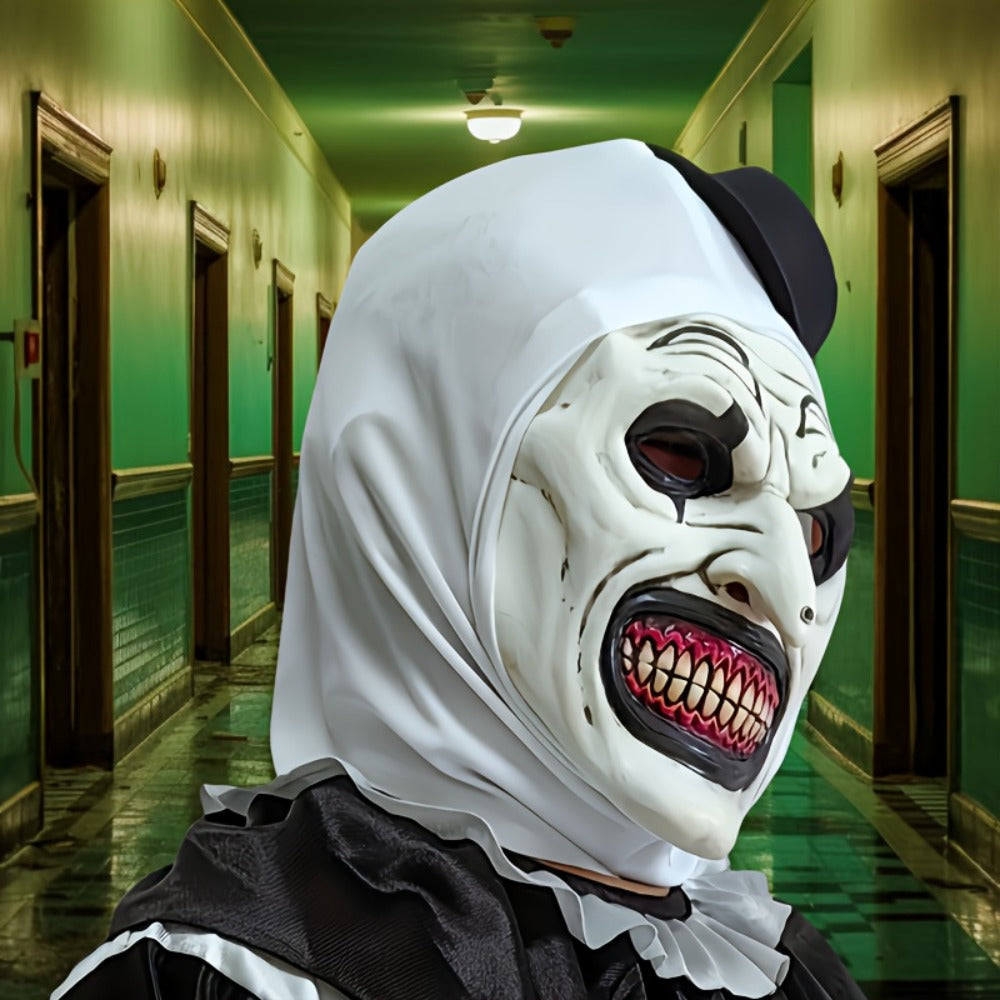 White Horror Clown Costume Mask with Full-Head Latex-Style Hood, Red Teeth and Attached Black Hat — image 3