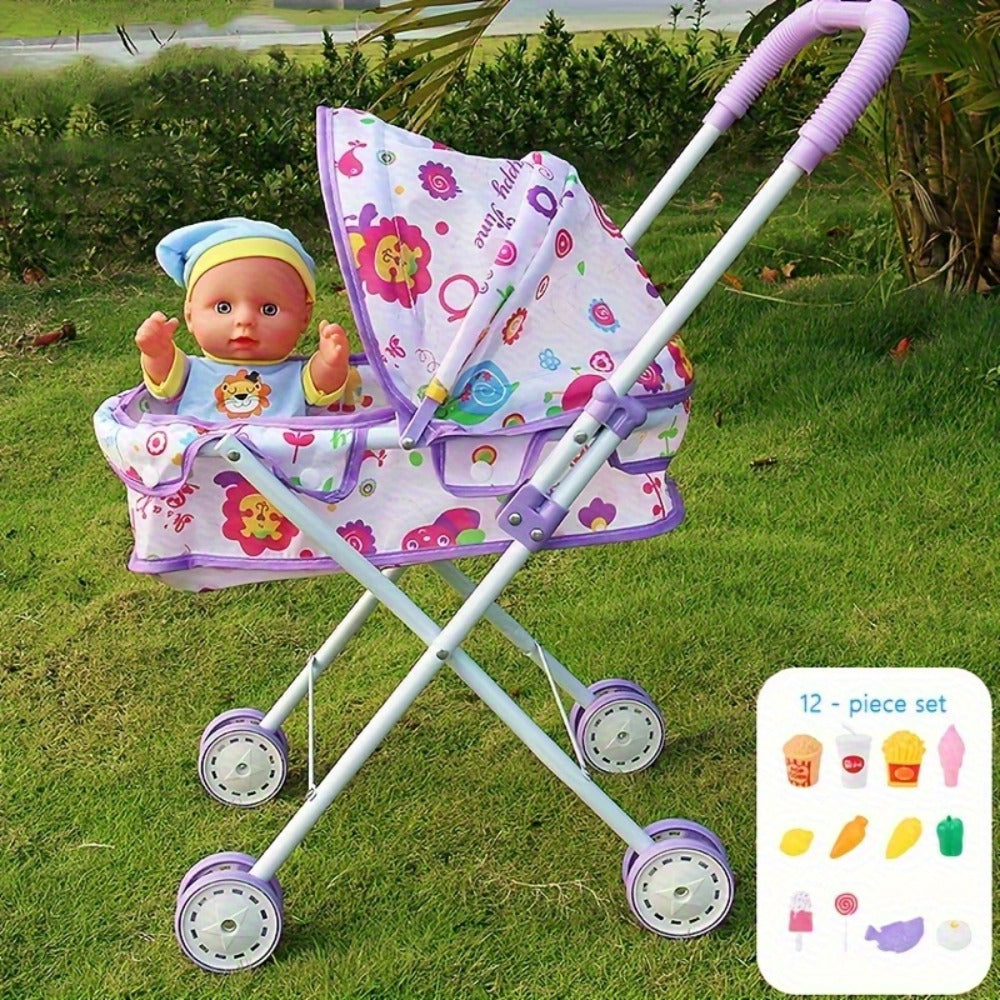 11-Inch Baby Doll and Folding Stroller Playset with 12 Food Accessories in Pink or Purple Color Options — image 4