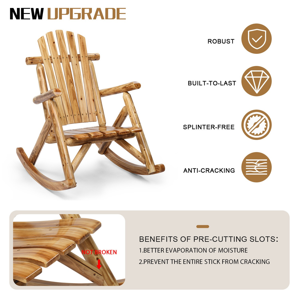 Patio Cedar Rocking Chair 26" Fan-Shaped Backrest Outdoor Rocker for Garden Poolside Patio — image 12