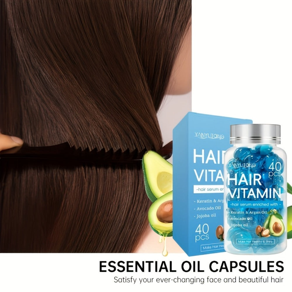 Hair Oil Capsules 40pcs – Keratin Hair Vitamin Essence with Moroccan Argan Oil, Avocado Oil & Jojoba Oil | No-Rinse Deep Nour