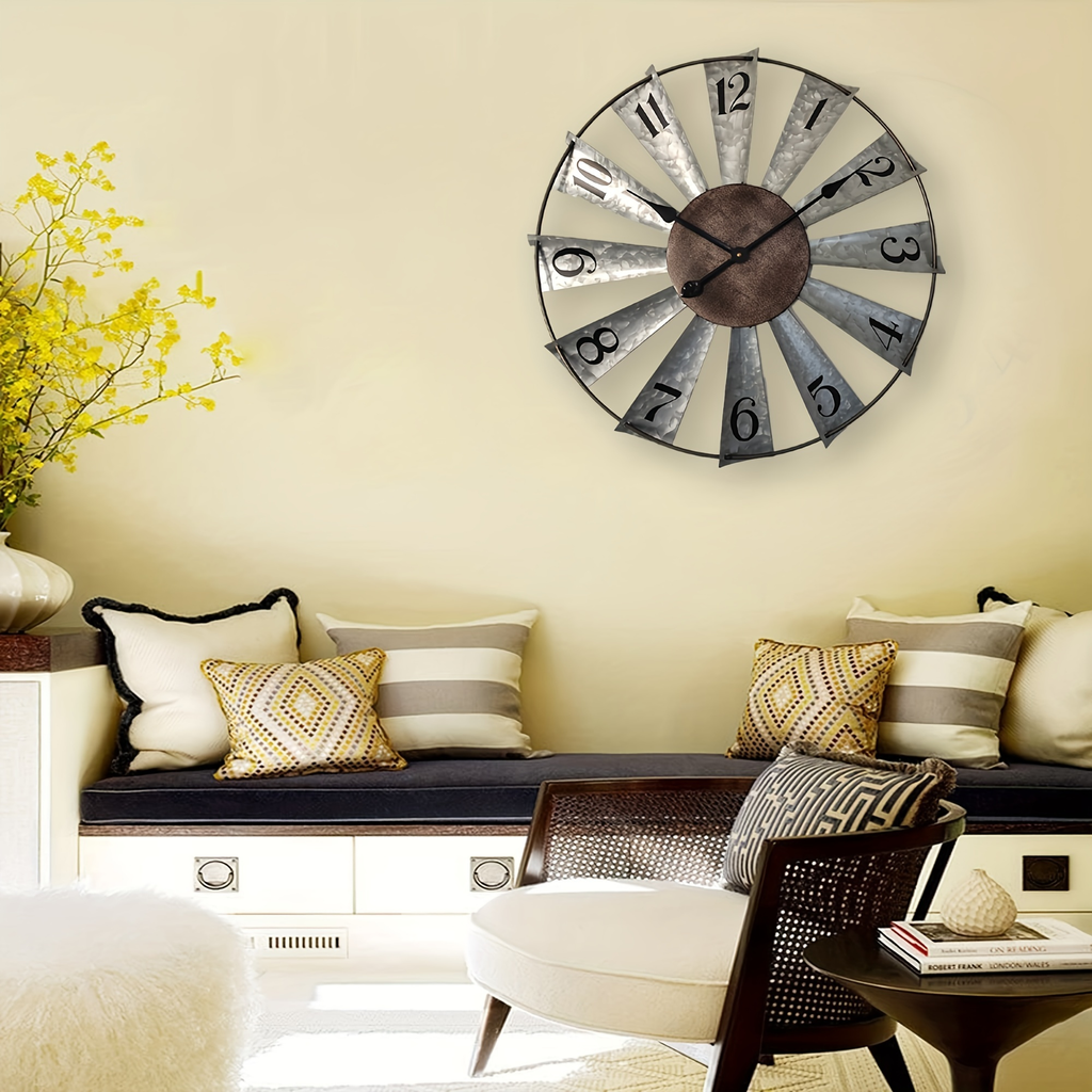 24-Inch Windmill-Style Metal Wall Clock with Galvanized-Look Silver Blades and Brown Analog Center — image 5