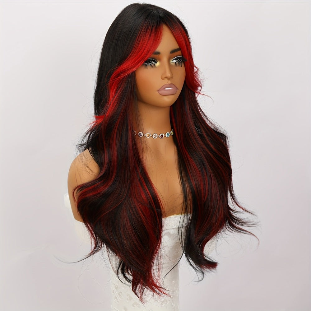 Synthetic Wig 24-Inch Straight Style with Red Highlights, A-Shape Bangs and Adjustable Rose Net Cap — image 7